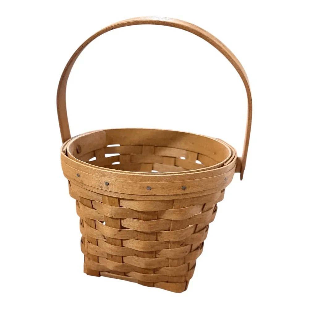 Longaberger Basket Handwoven Round Tapered Swinging Handle Natural Wood USA Made